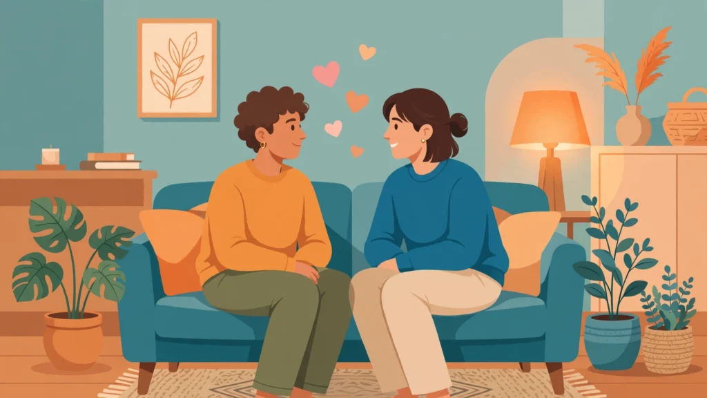 Couple practicing marriage counseling exercises at home together on their sofa