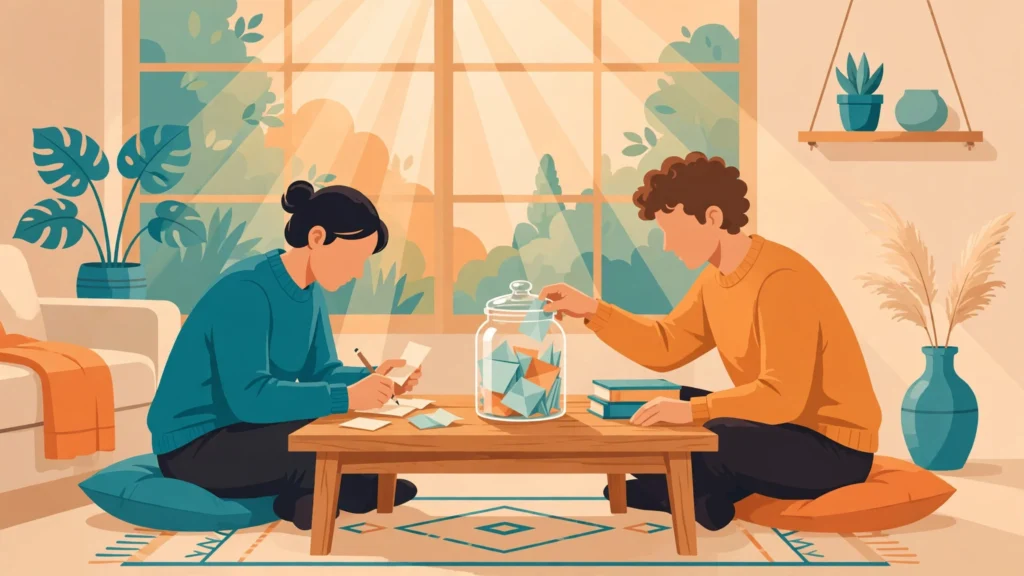Couple writing gratitude notes during couples therapy at home
