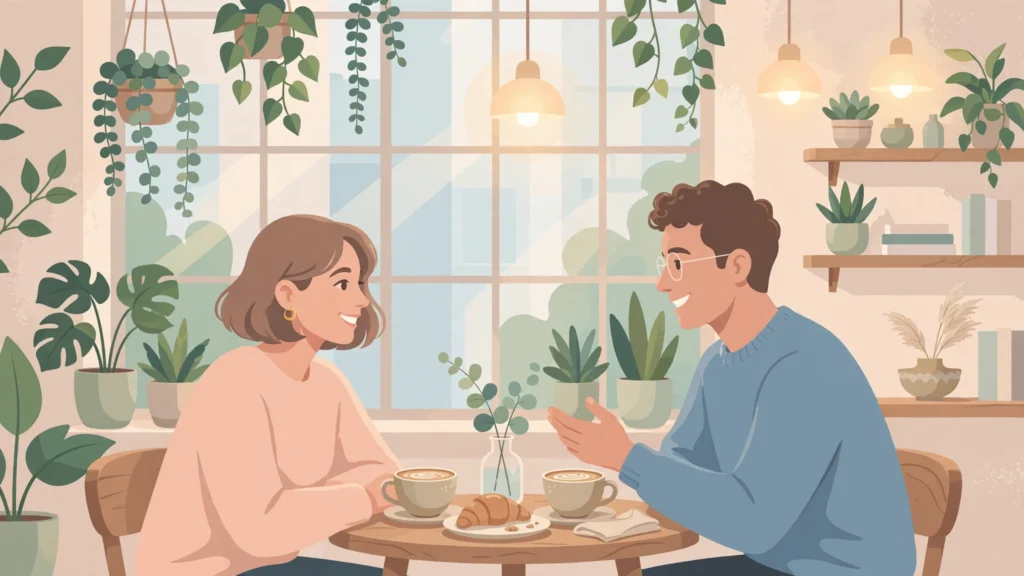 how to date with intention — a couple having a warm, meaningful conversation over coffee on a date.