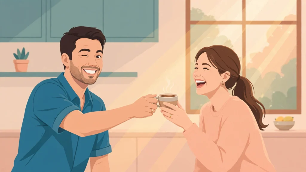 Married couple flirting playfully in the kitchen — a guide on how to flirt with spouse