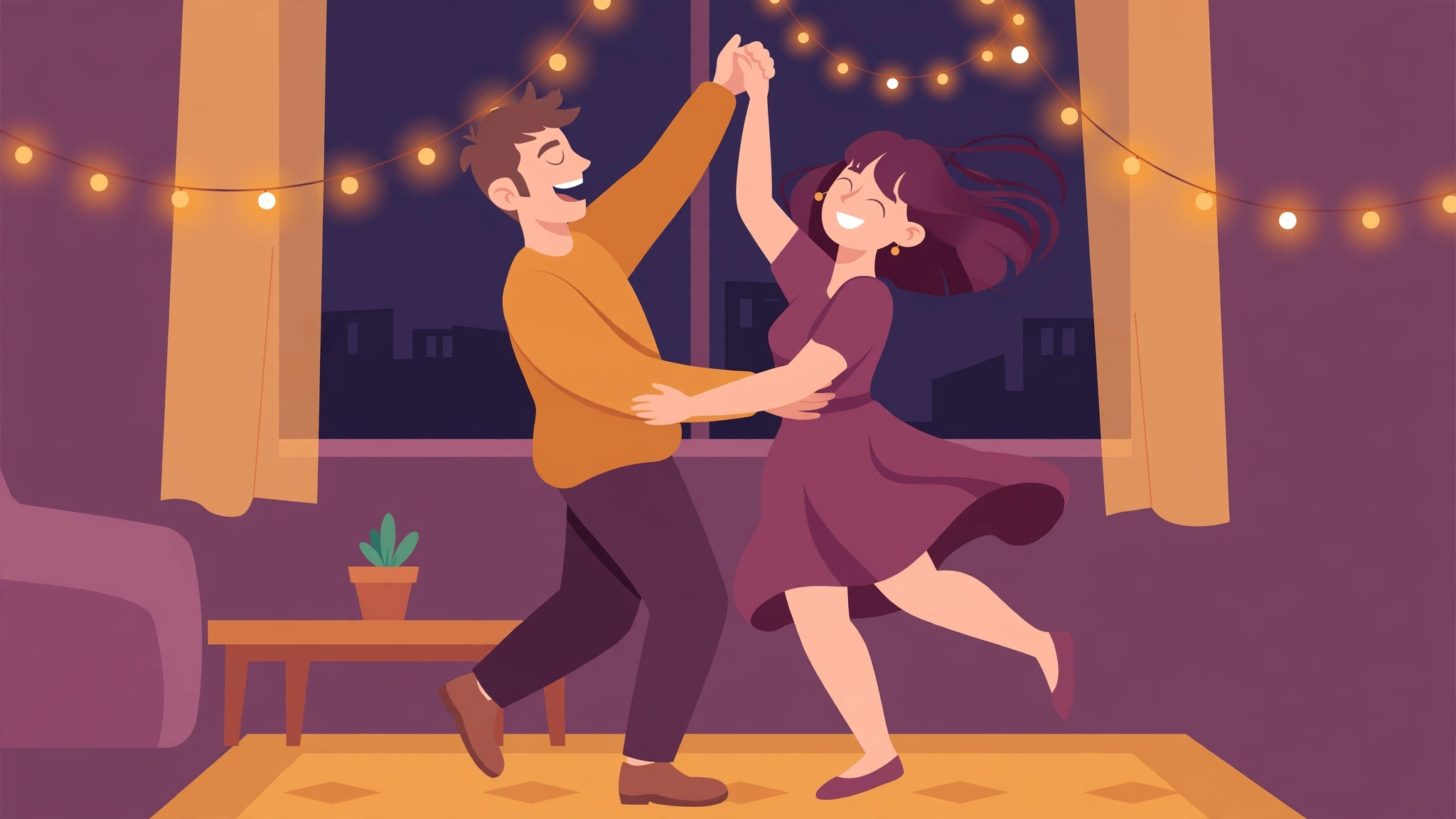 Married couple dancing playfully in their living room — keeping the spark alive