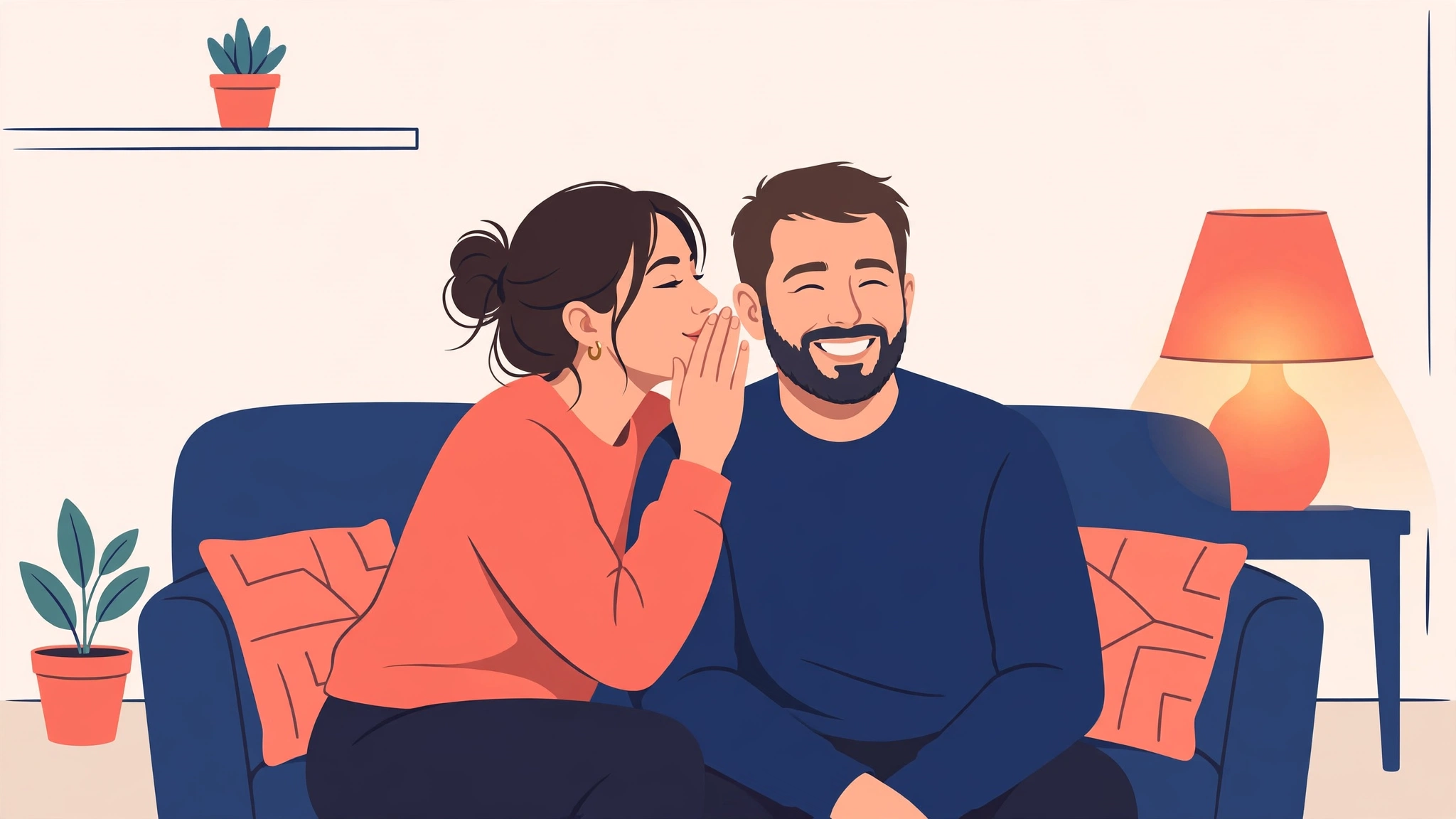 Wife whispering something playful in her husband's ear — flirting in marriage