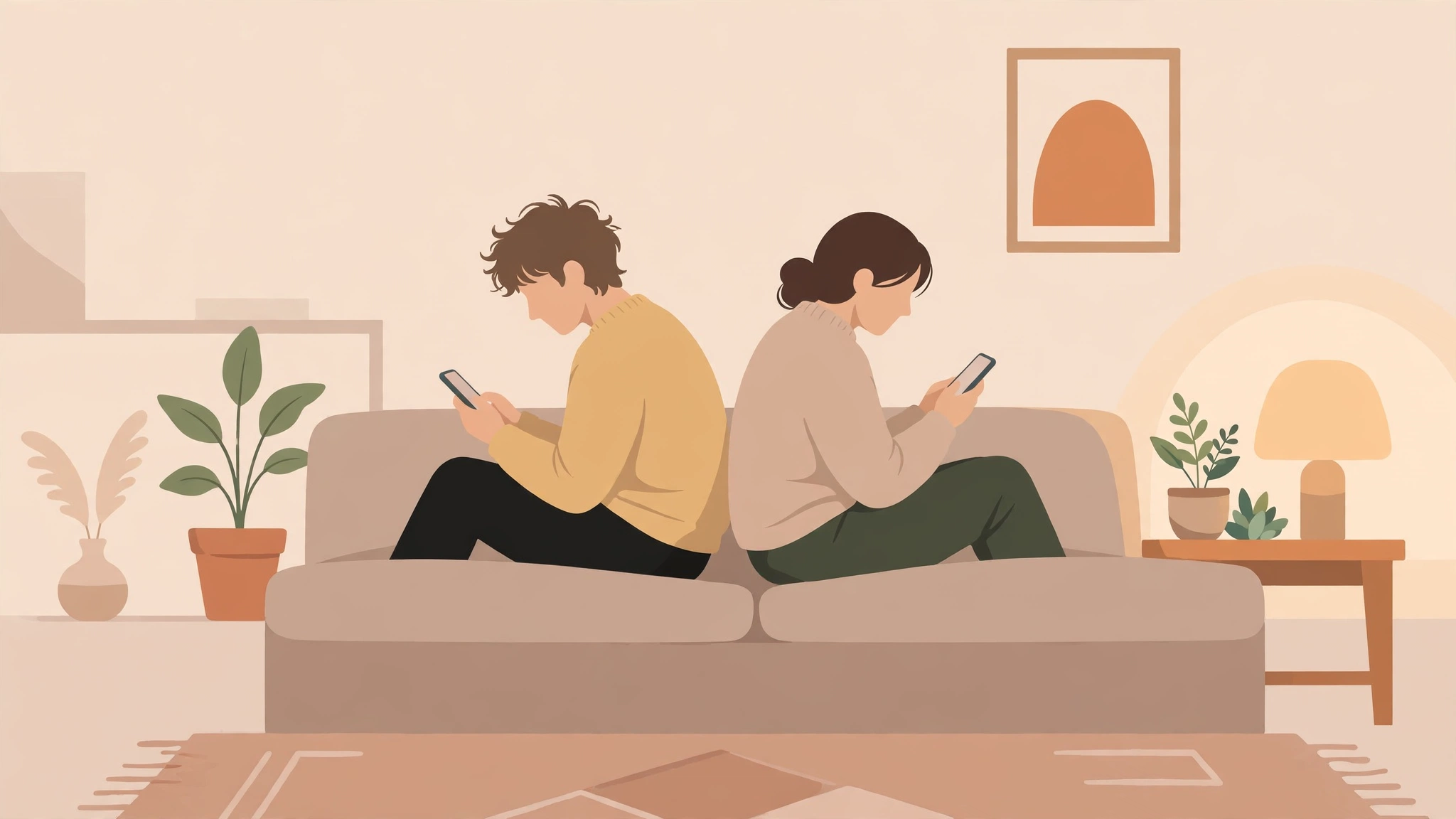 Couple sitting back to back on a couch, each on their phone — emotional distance in a relationship