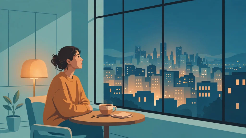 Woman reflecting alone by a window — one of the emotional signs you're settling in a relationship