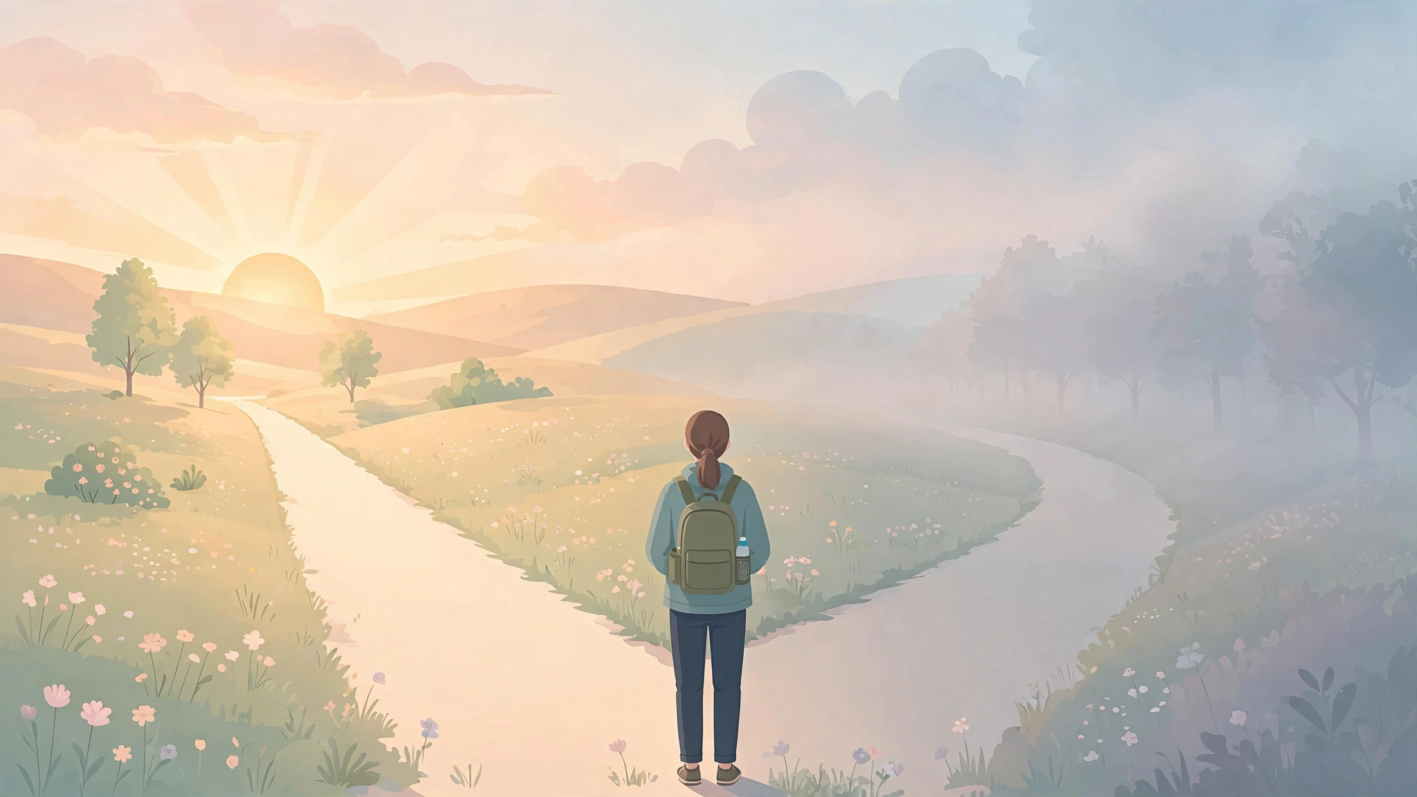 Person at a fork in the road at sunrise, weighing whether to stay or leave a relationship