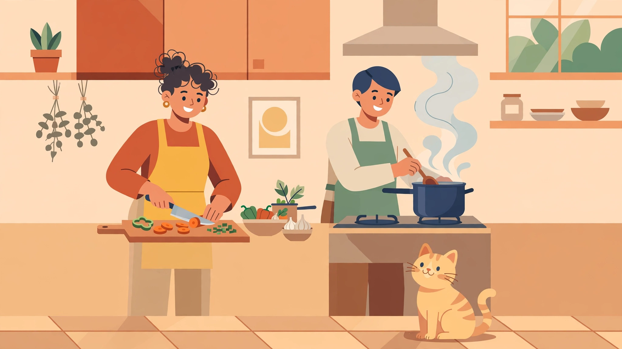 Couple cooking side by side in their shared kitchen