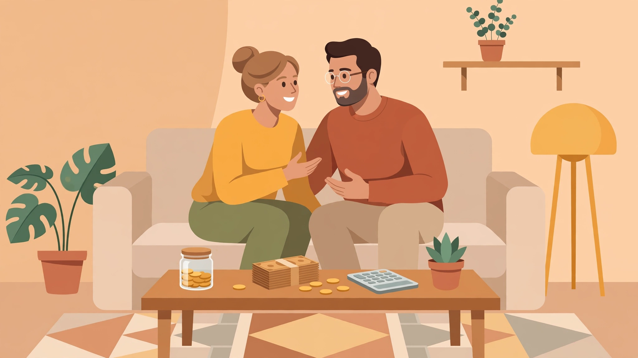 Couple reviewing their moving in together checklist budget together