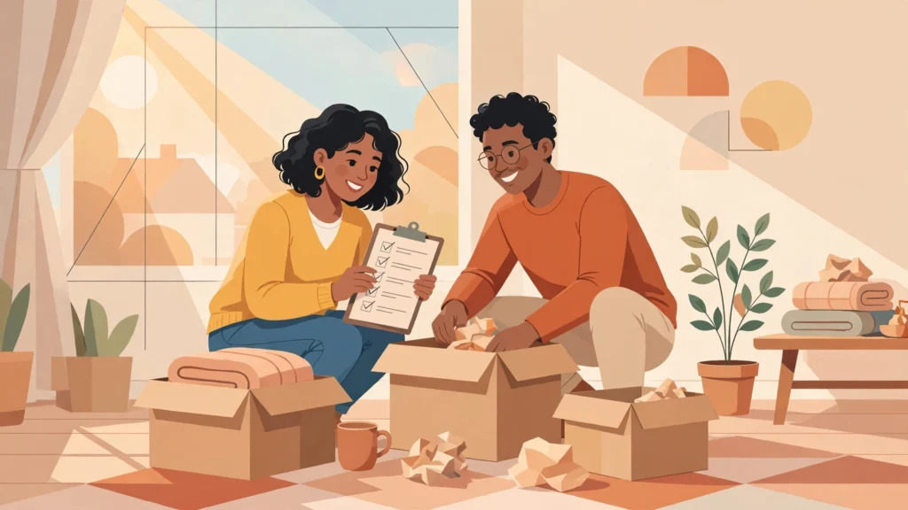 Couple using a moving in together checklist while unpacking in their new home