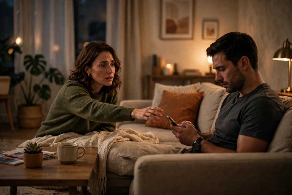 Couple showing one-sided relationship signs as one partner reaches out while the other looks at a phone