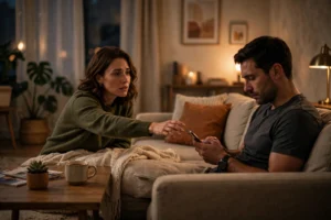 Couple showing one-sided relationship signs as one partner reaches out while the other looks at a phone