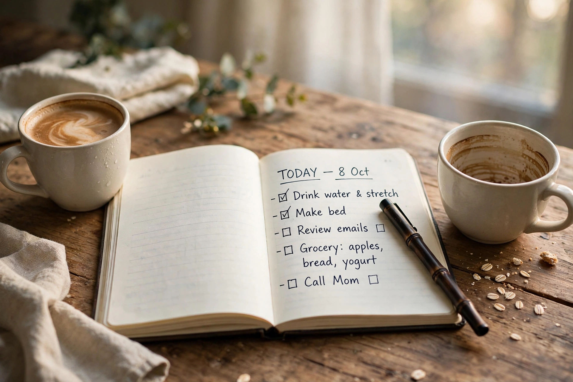 Journal and coffee cups for the 7-day effort scorecard exercise
