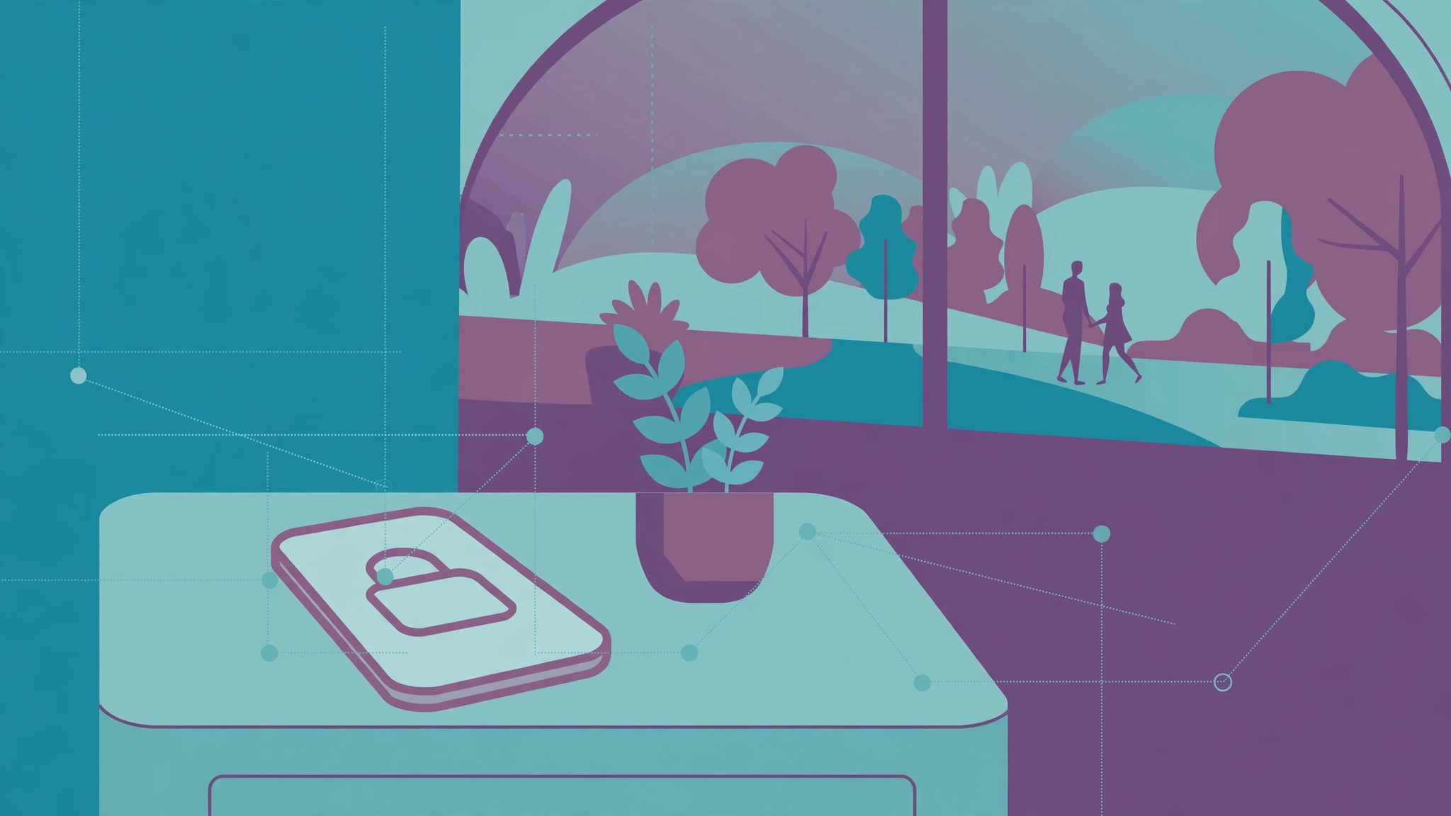 Locked smartphone on a table while a couple walks peacefully — overcome jealousy in a relationship