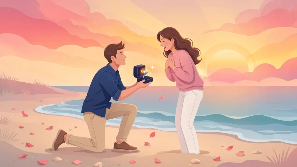 Romantic beach scene showing a man kneeling with a ring to plan a marriage proposal surprise