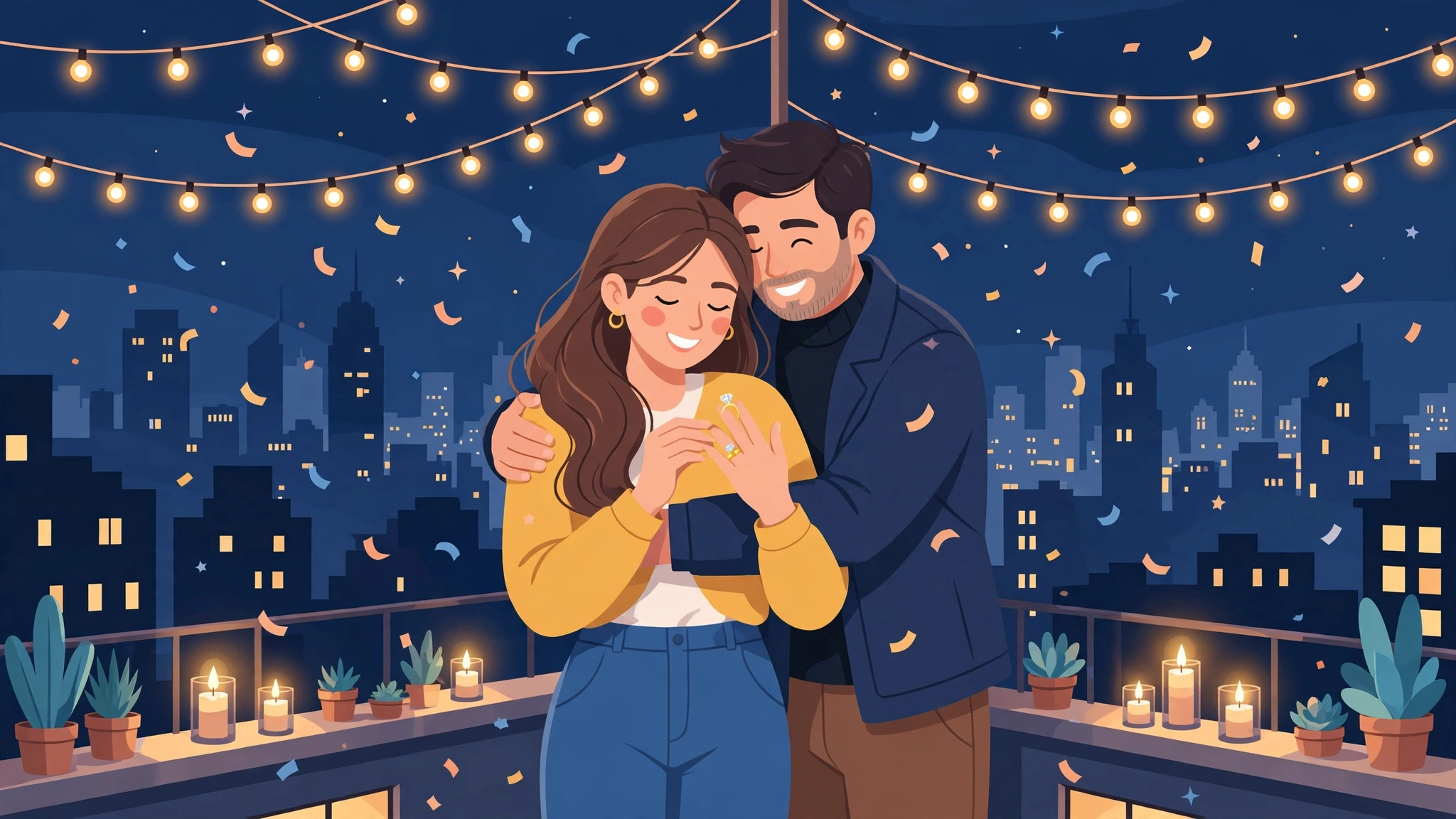 Happy couple celebrating their engagement on a candle-lit rooftop terrace at night