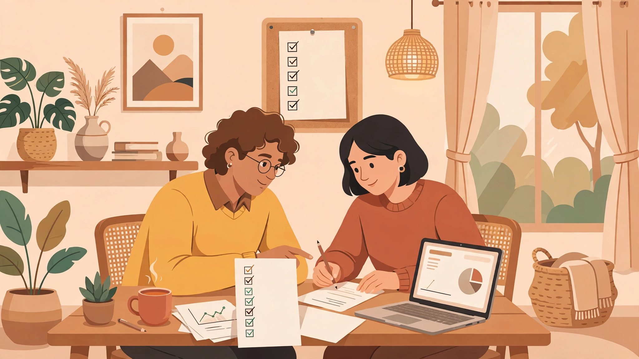 Couple reviewing a premarital checklist together at home