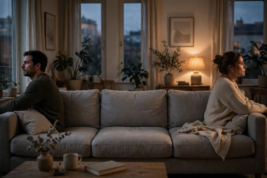 quiet quitting in relationships — couple sitting on opposite ends of a couch, emotionally distant