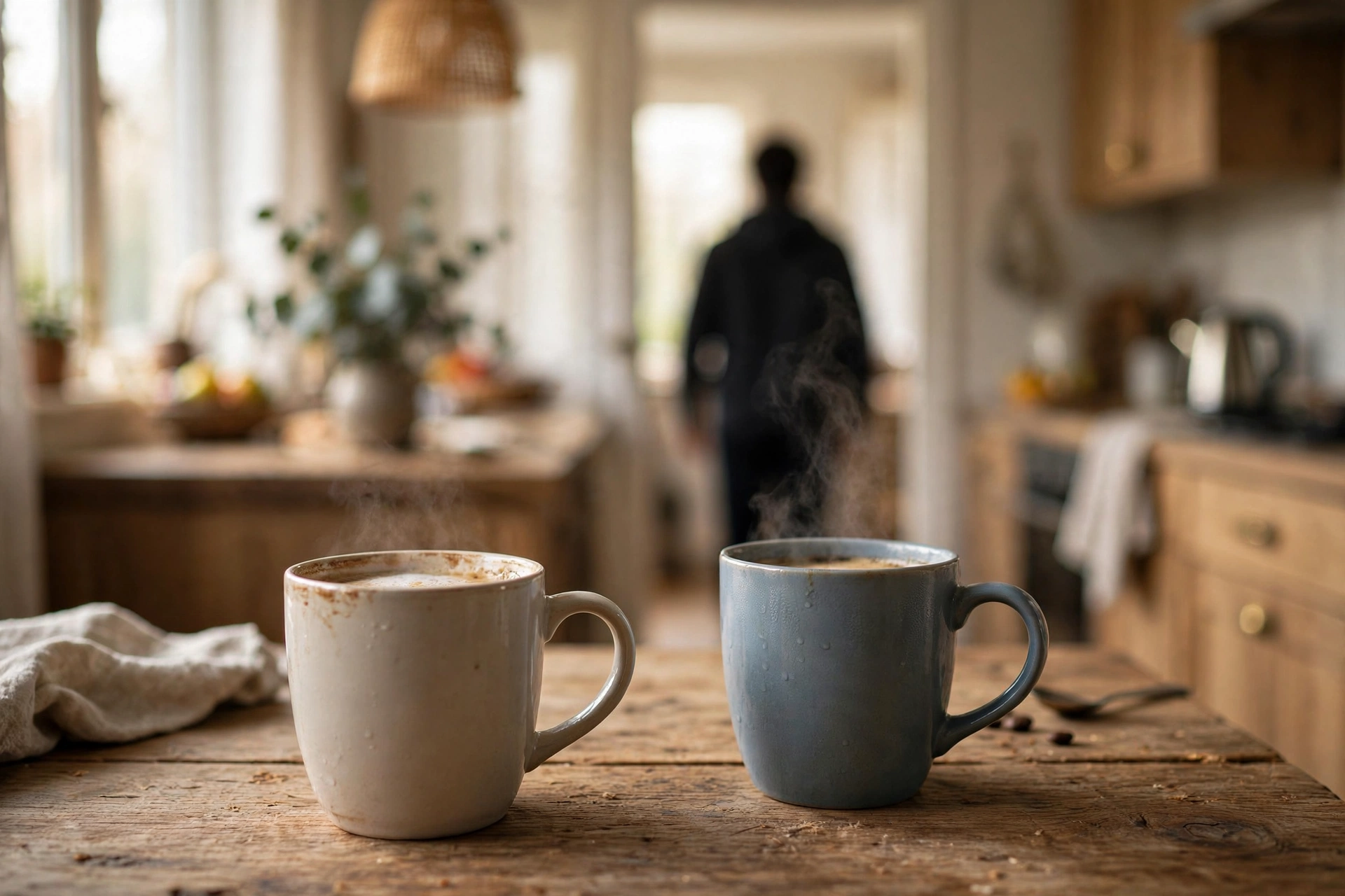 two coffee mugs on a table with a partner walking away — emotional disconnection signs