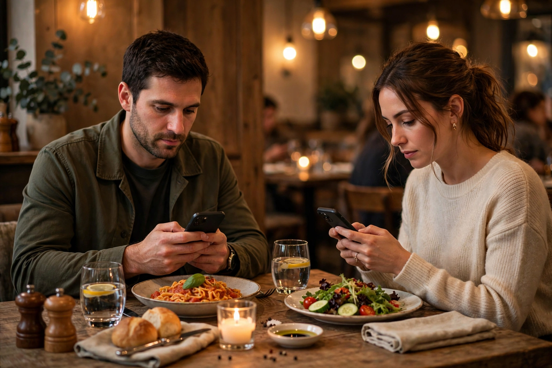 couple at dinner both looking at phones instead of each other