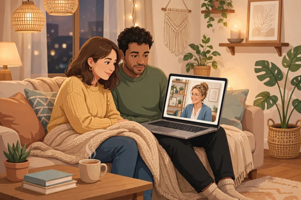 Couple getting relationship help online through a video chat with a counselor