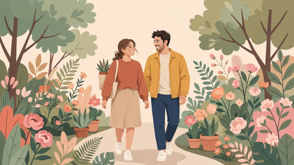 Couple enjoying second date tips at a botanical garden walk