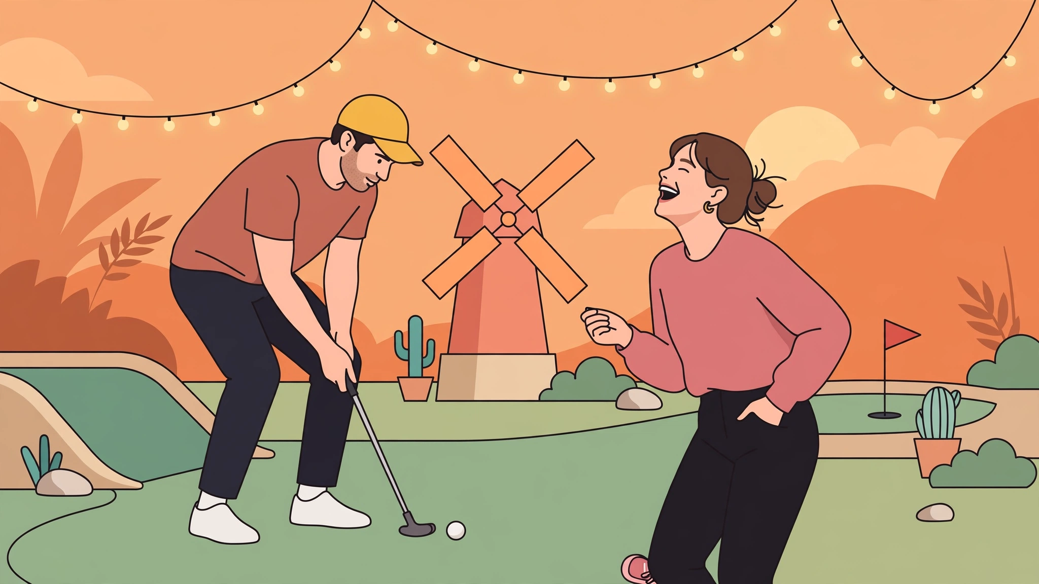 Couple playfully competing at mini golf during their second date