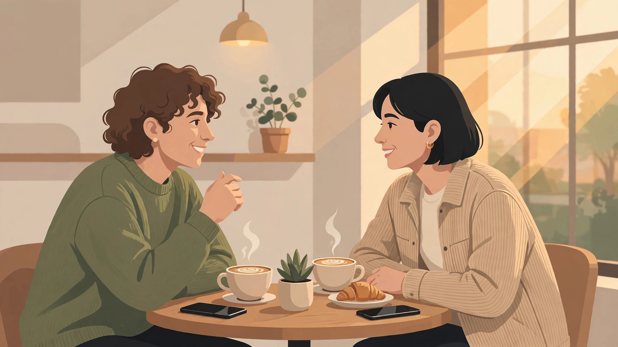 Two people having a deep conversation over coffee with phones put away