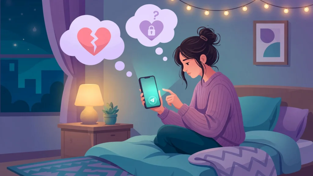 Woman at night holding a glowing phone, wondering: should you text your ex?
