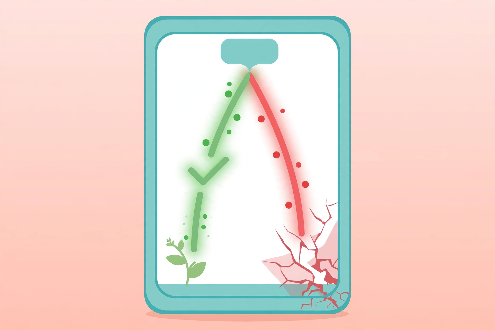 Smartphone showing two diverging text paths — one green and growing, one red and fading — deciding should you text your ex