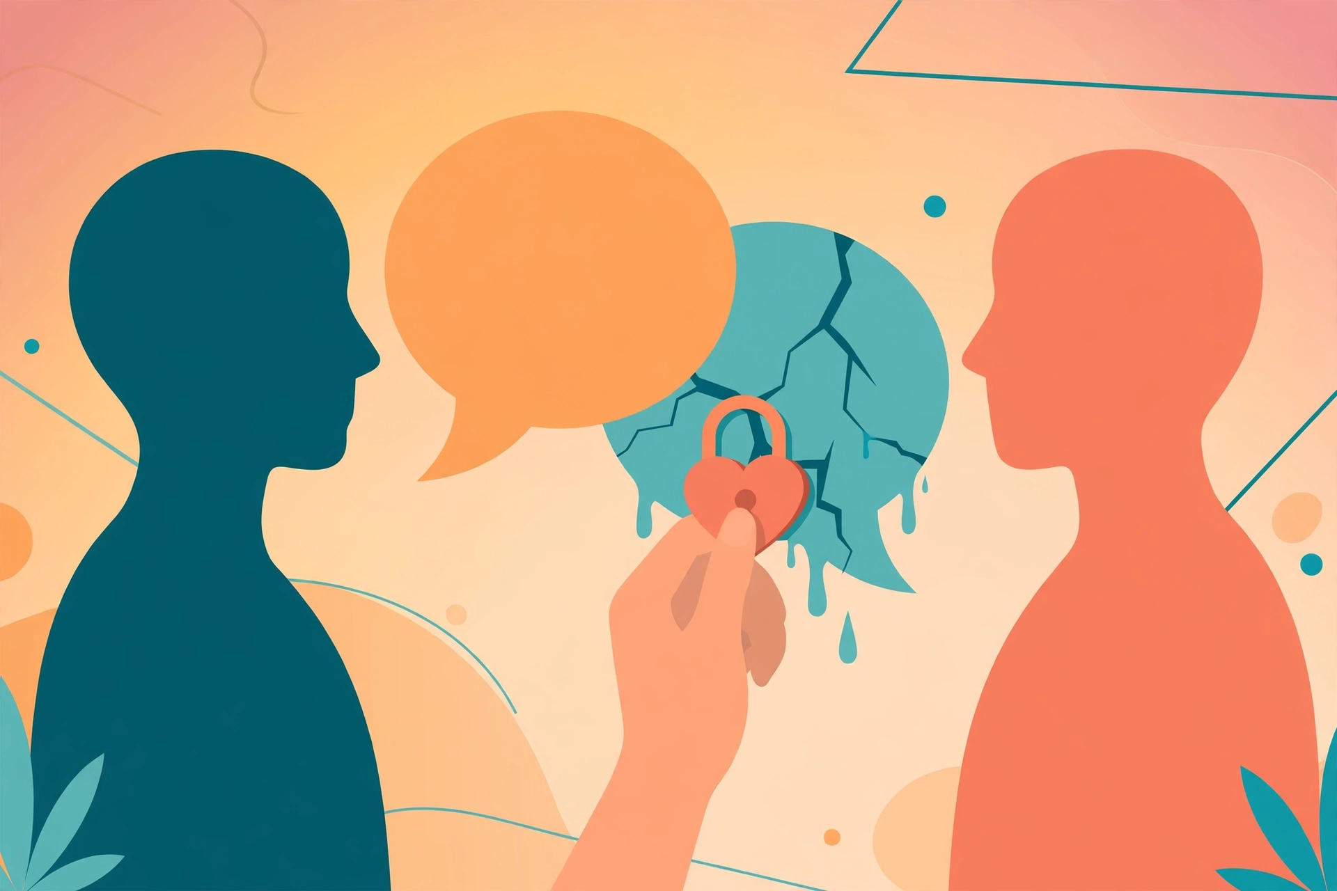 Speech bubbles between two people with a padlock heart — setting boundaries on texting your ex
