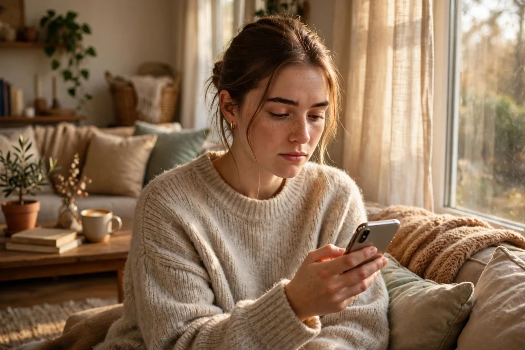 signs he is losing interest — woman checking her phone with a thoughtful expression