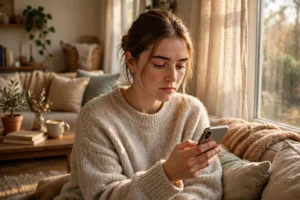 signs he is losing interest — woman checking her phone with a thoughtful expression