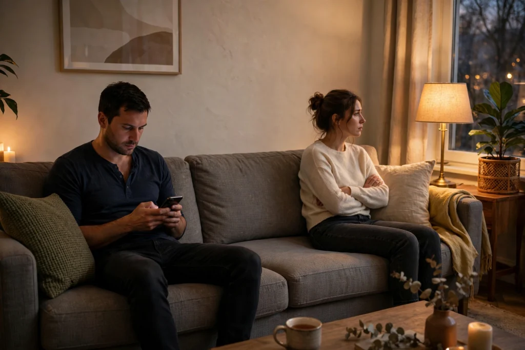 Couple sitting apart on a couch — emotional distance is one of the signs he is losing interest