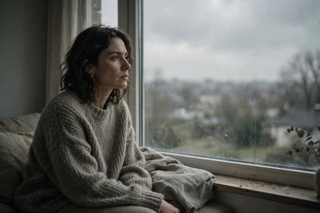 Signs of a controlling partner — woman sitting thoughtfully by a window