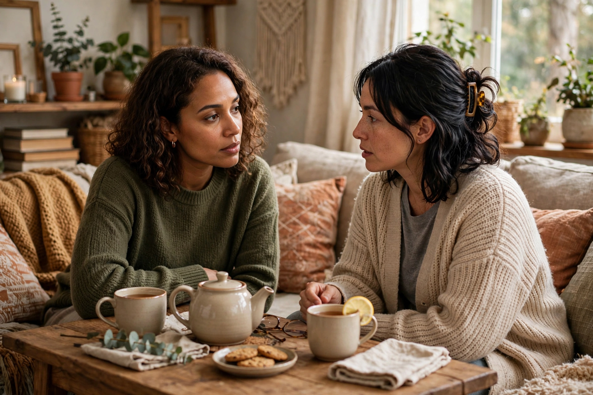 Two friends talking over tea — trusted support helps when you spot signs of a controlling partner