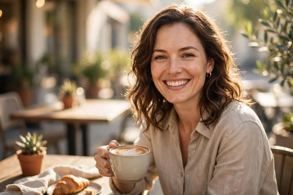 Signs you are ready to date again — confident woman enjoying coffee alone in sunlight