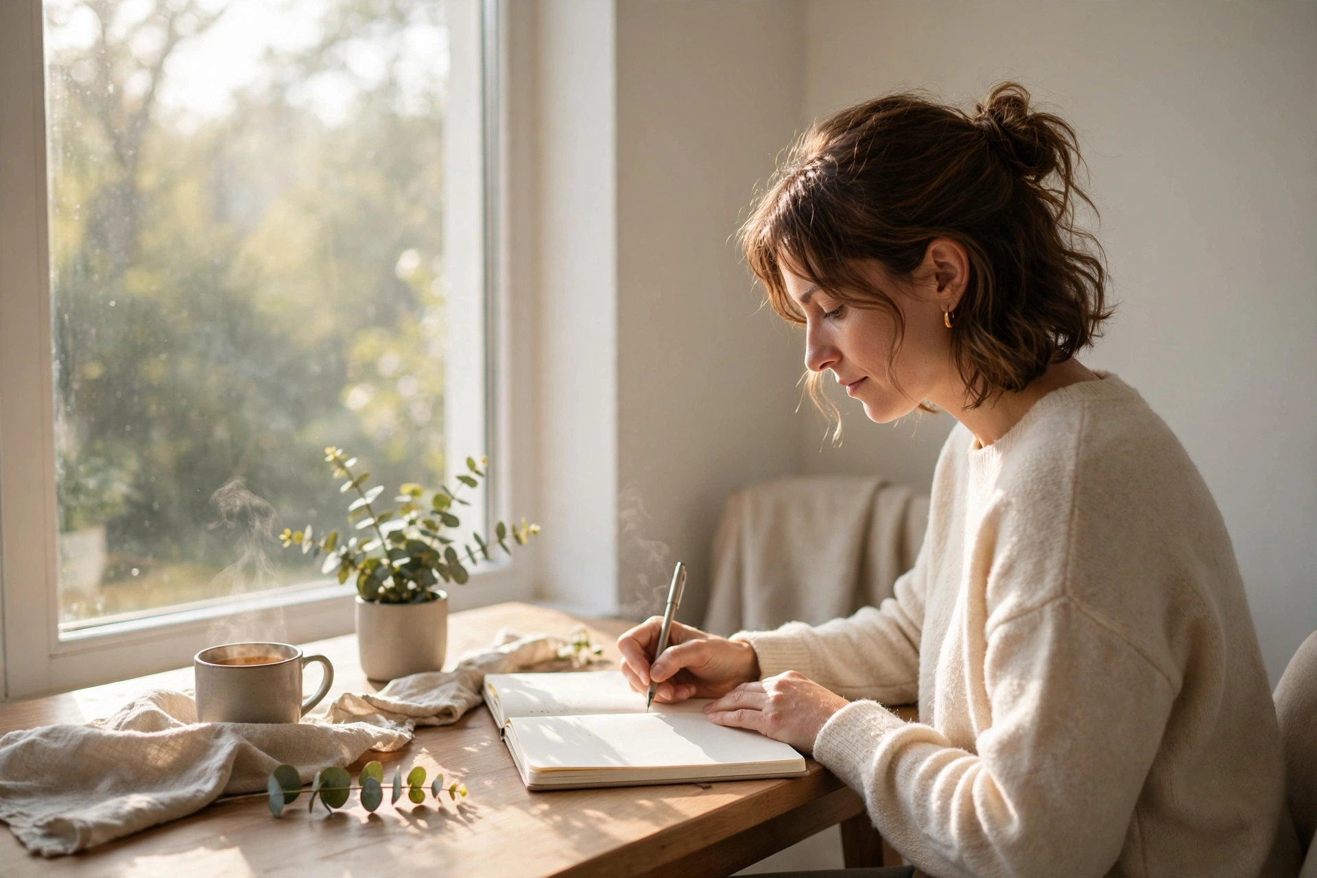Journaling by a bright window — self-reflection is one of the signs you are ready to date again