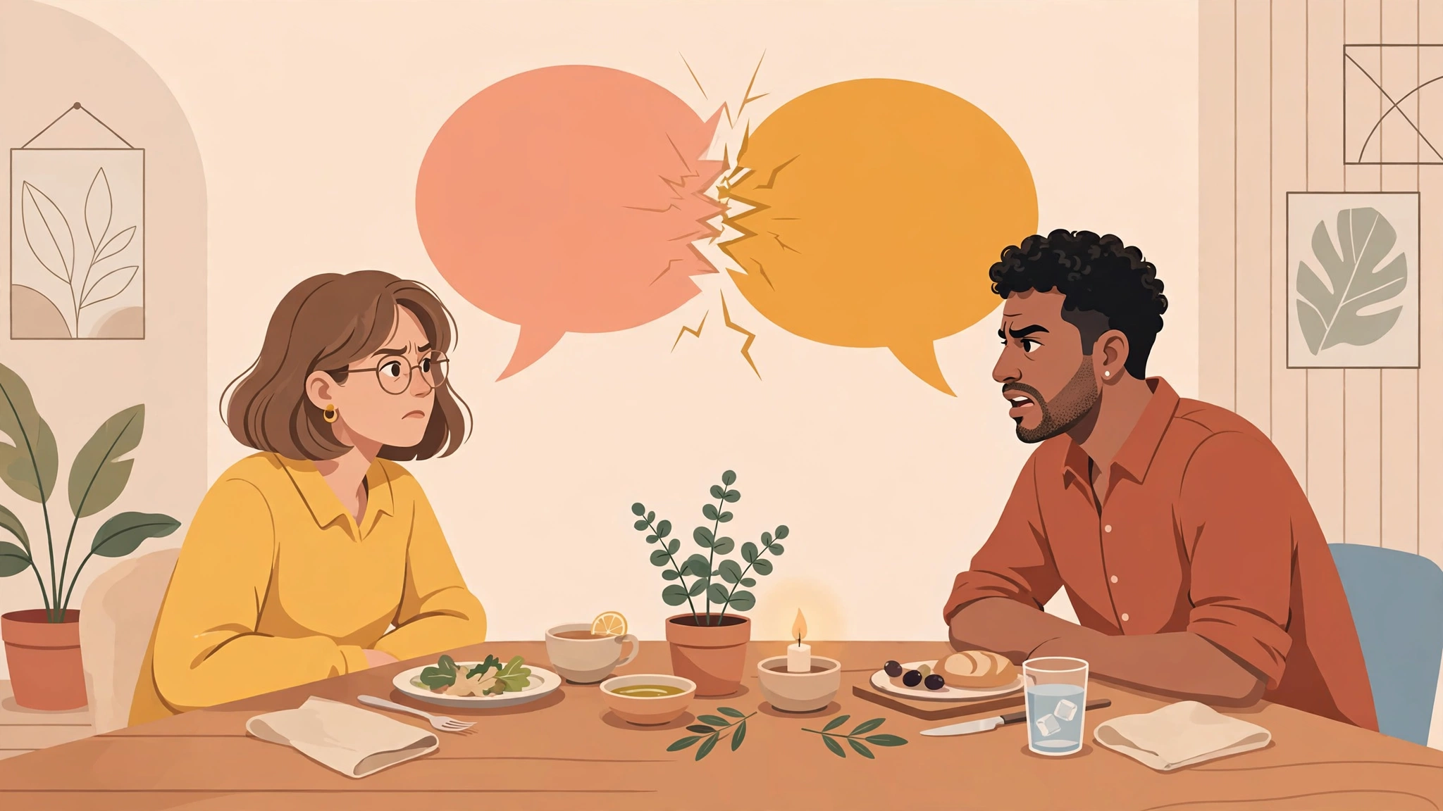 Constant arguments and criticism as signs your marriage is in trouble, shown through clashing speech bubbles