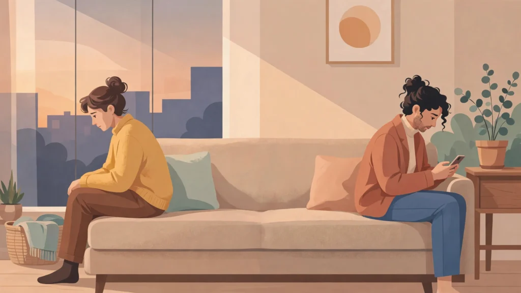 Signs your marriage is in trouble — couple sitting apart on a couch with emotional distance between them