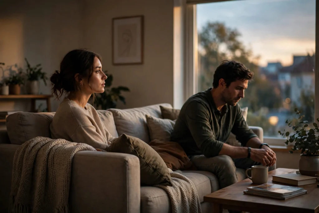 silent treatment in a relationship — couple sitting in silence on opposite ends of a sofa