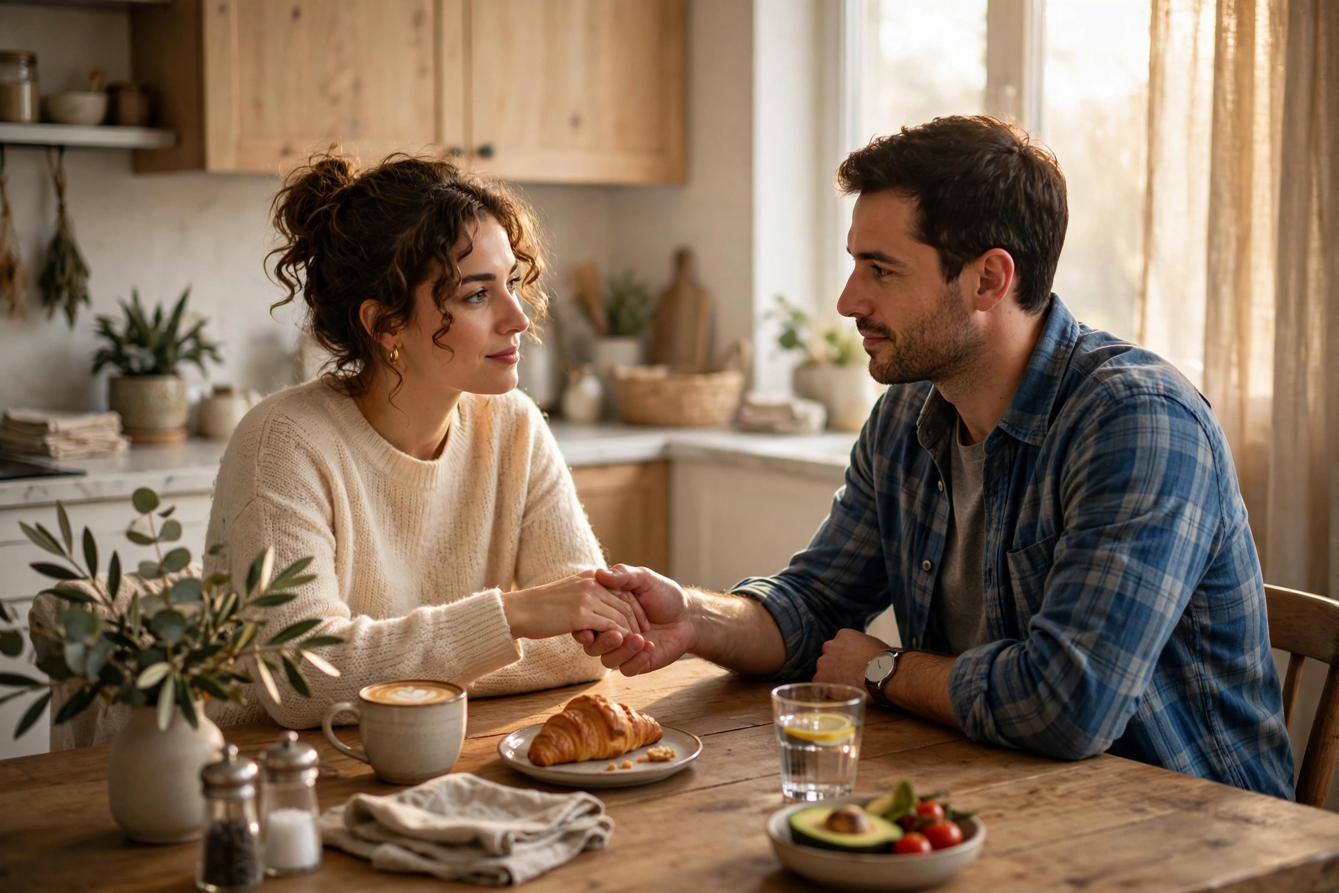 Couple calmly talking and reconnecting at a kitchen table after silent treatment in a relationship