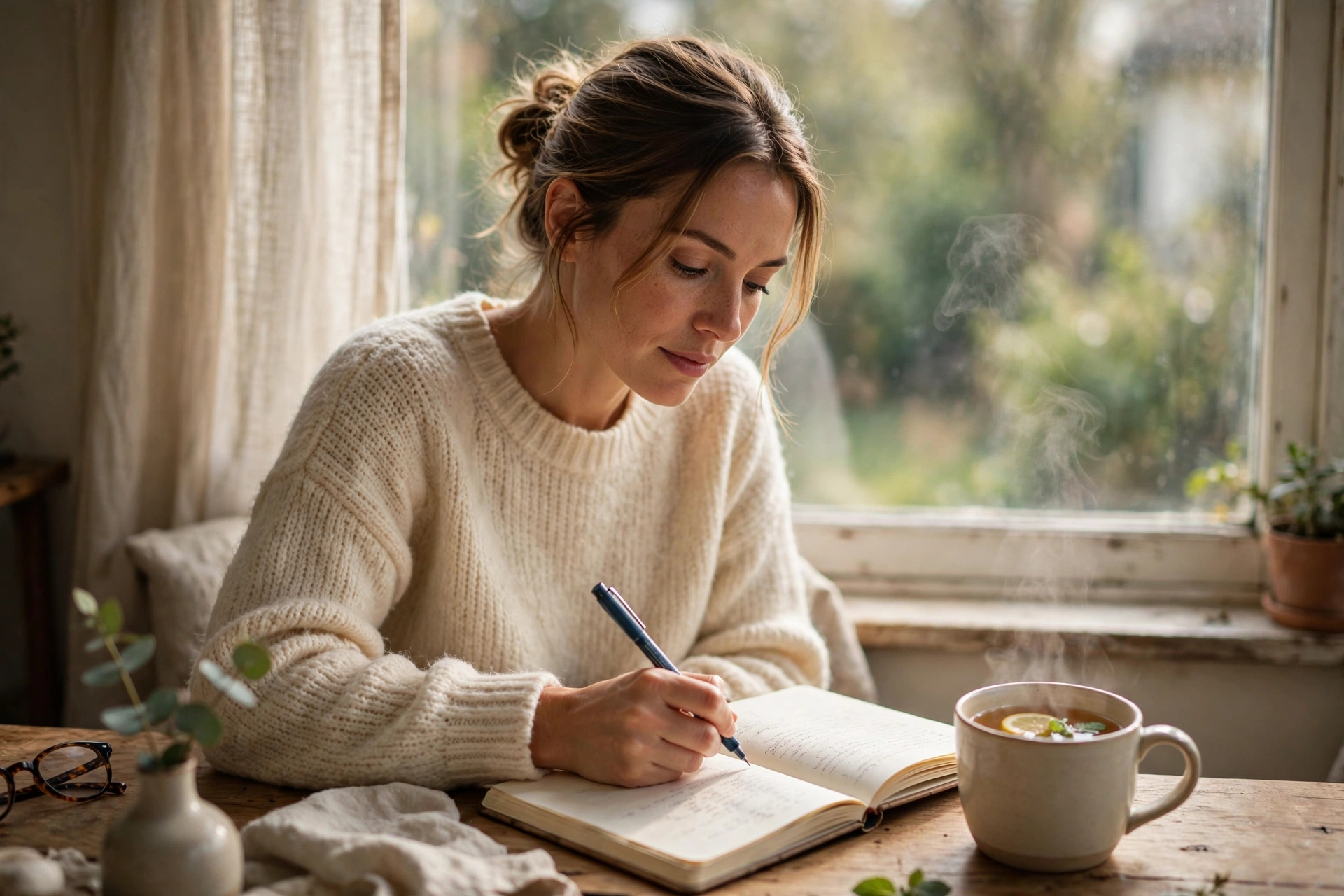 Woman journaling alone by a window while taking healthy space in her relationship