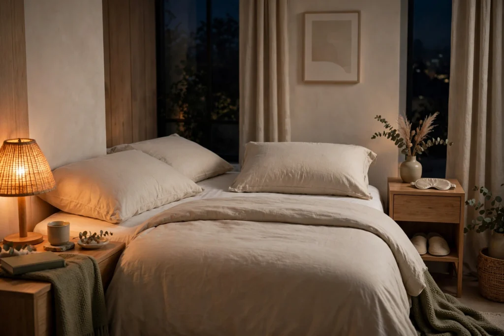 A cozy bedroom at night illustrating the sleep divorce trend of couples sleeping separately