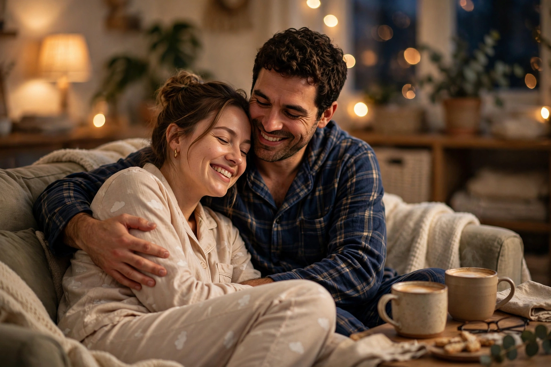 A happy couple in pajamas cuddling together on the couch in the evening