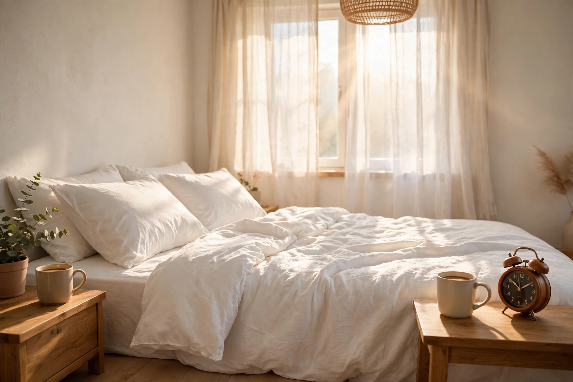A peaceful sunlit bedroom in the morning with fresh white bedding