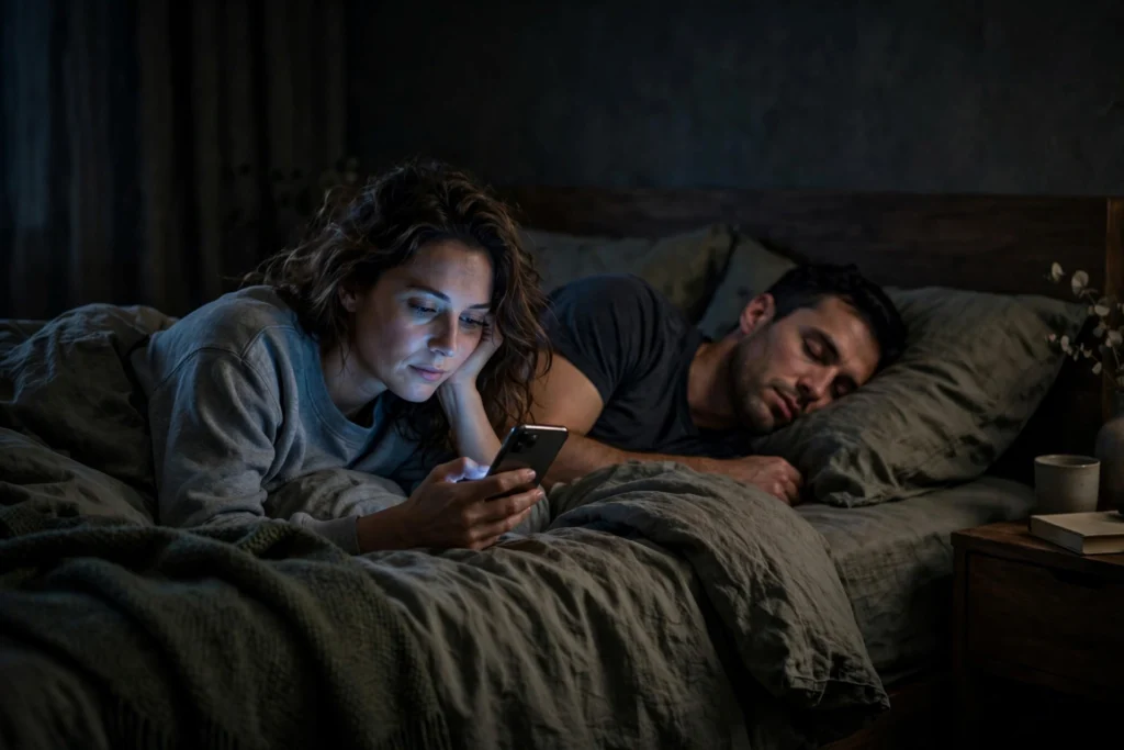 Woman in bed scrolling phone at night, trying to stop comparing relationship to social media