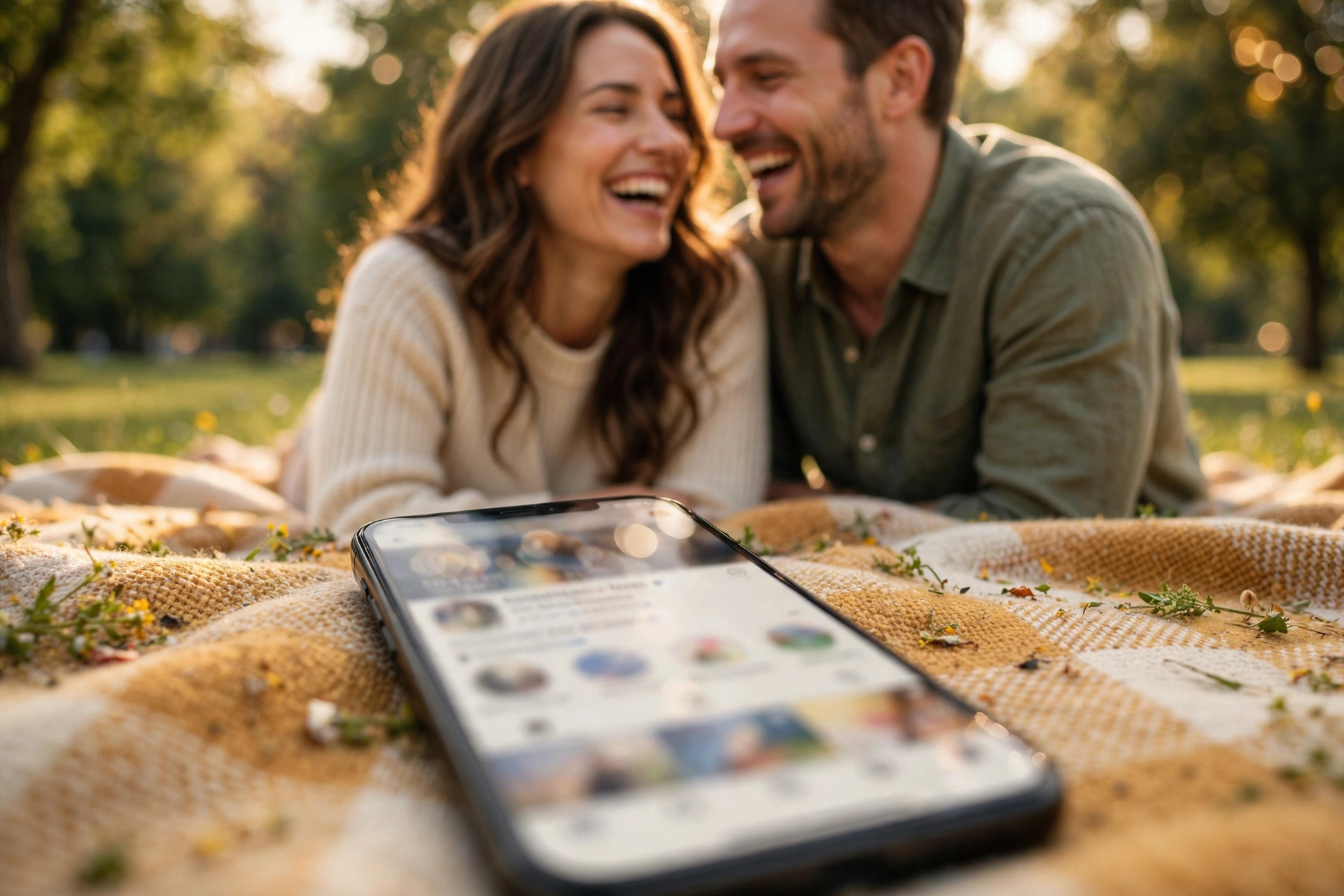 Smartphone with social feed on picnic blanket while real couple laughs behind it