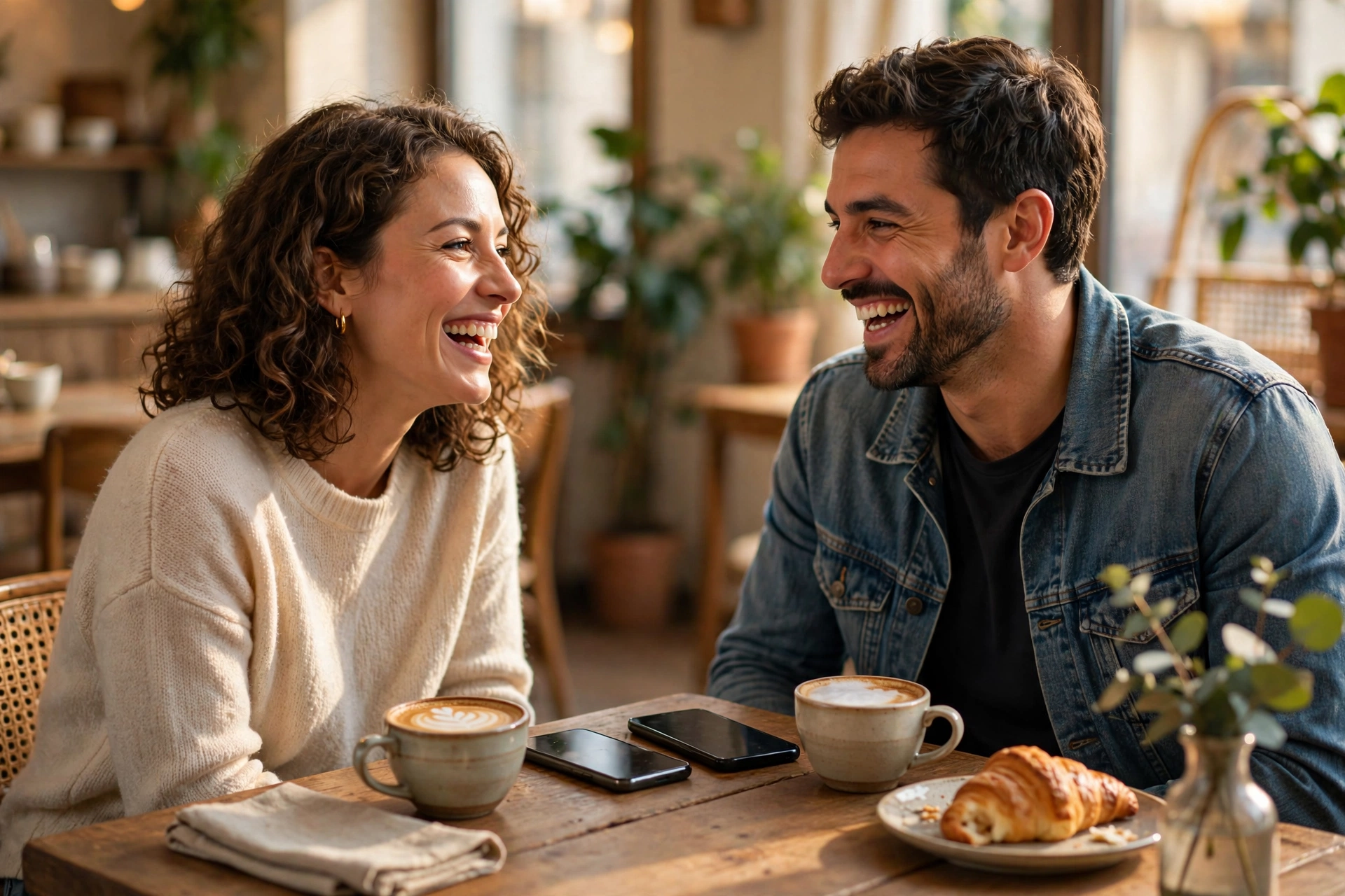 Happy couple laughing at a cafe with phones face-down on the table