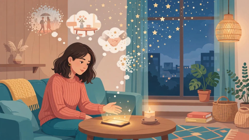 Young woman letting go of fading memories of her ex at dusk — stop thinking about your ex, illustrated