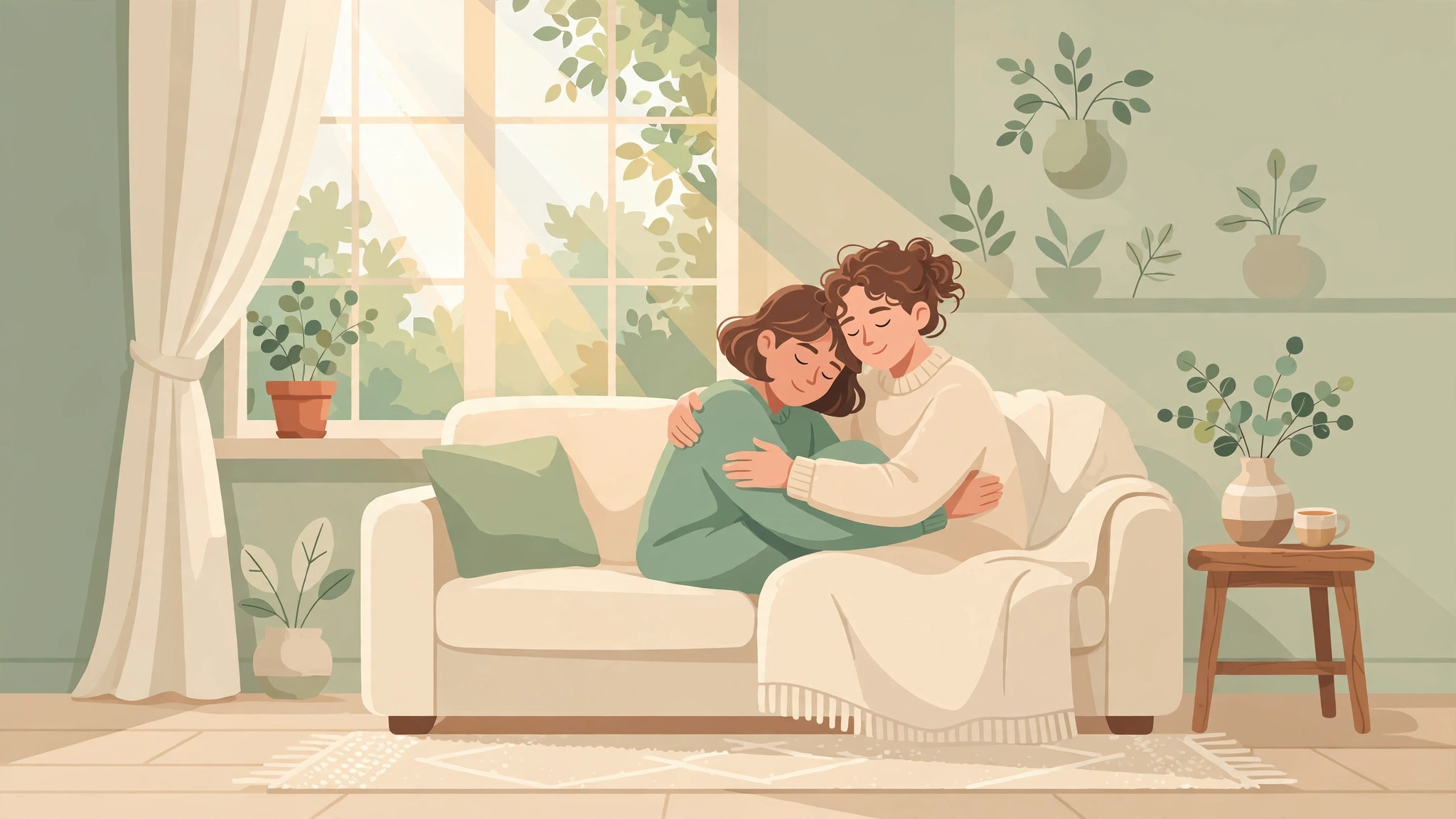 Partner comforting partner with a warm embrace on the sofa during a difficult career change