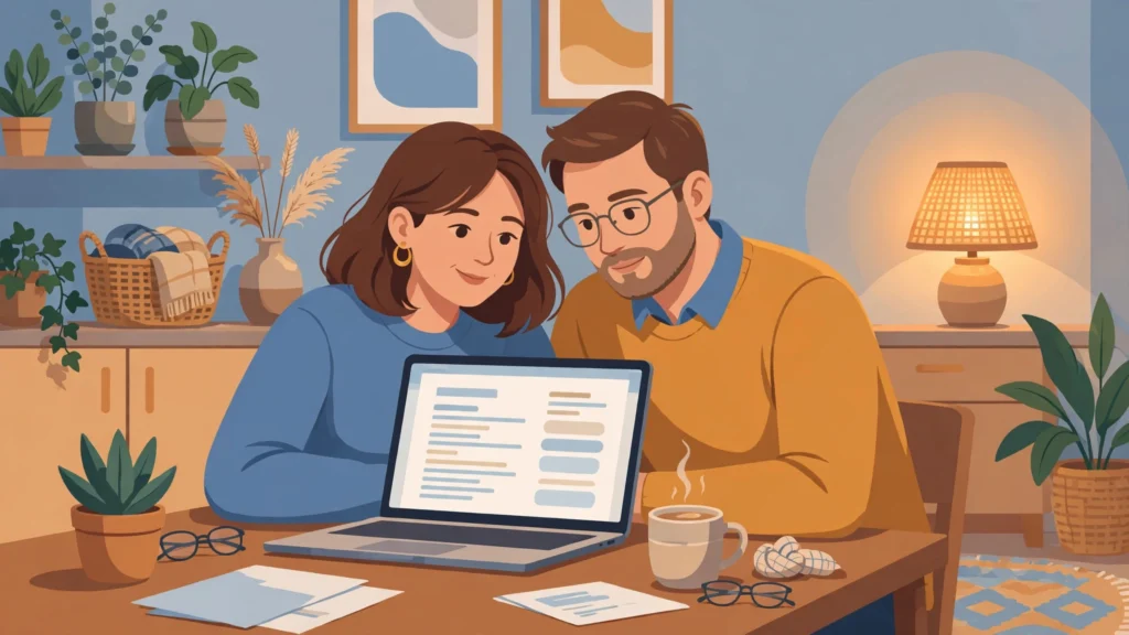 Couple supporting each other while reviewing a resume on a laptop — how to support partner through career change